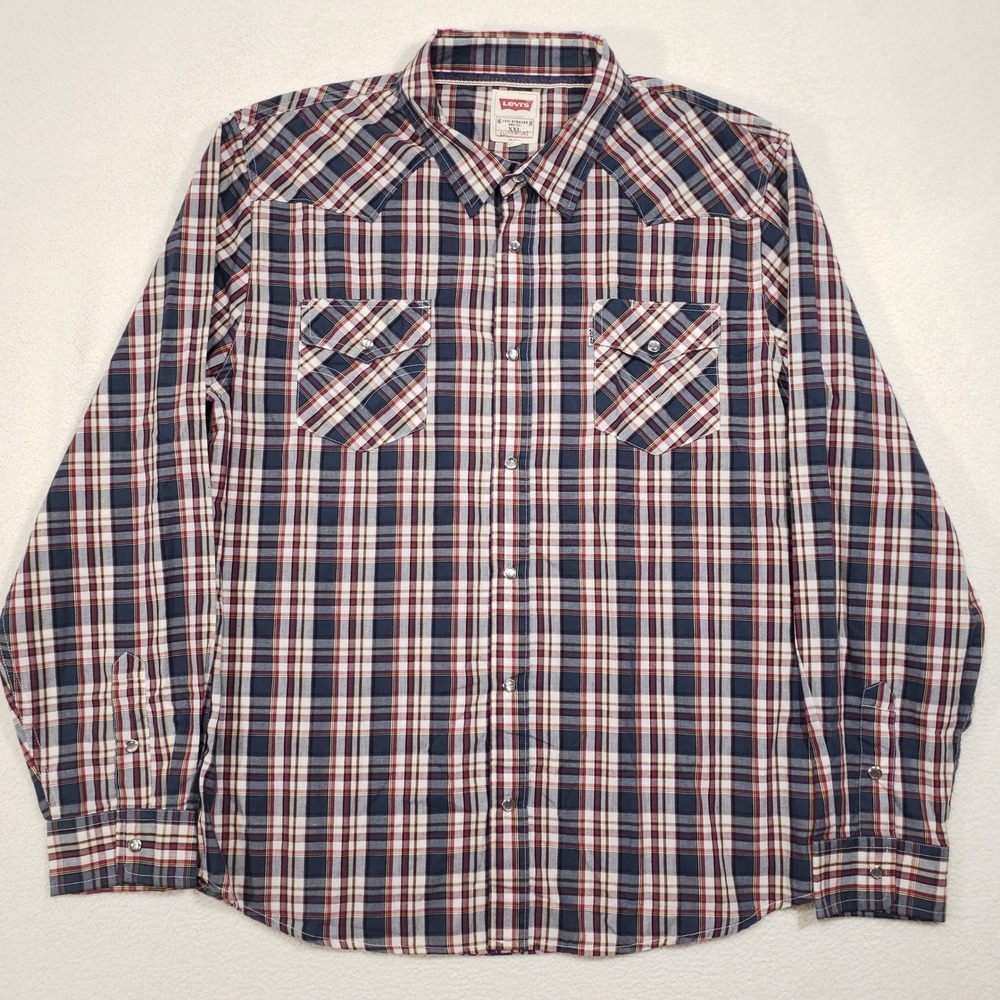 Levi's Pearl Snap Shirt Mens XXL Navy Red Plaid Western Modern Fit Shoulder Yoke